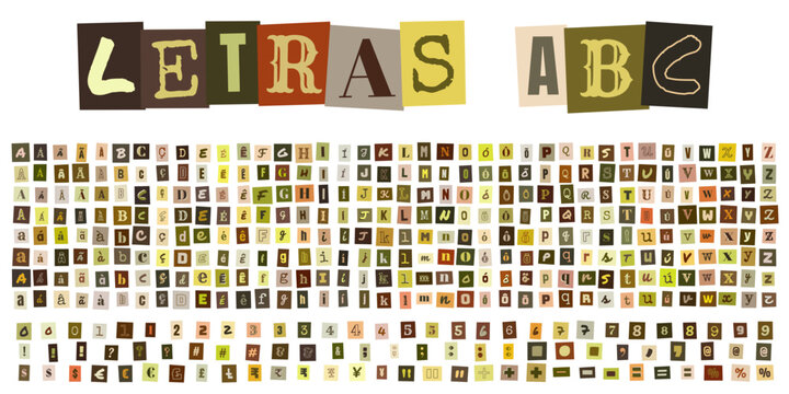 LETRAS ABC, conjunto de letras e numeros estilo recorte de jornal para design criativo, colagem tipografica vintage e composicao de mensagens