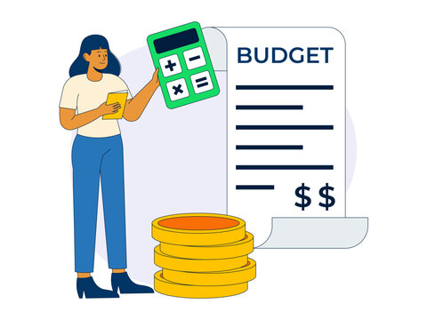 A woman calculating personal or corporate budget expenses using a large calculator next to a document and stacked coins. Money spend illustrations. Flat vector concepts.