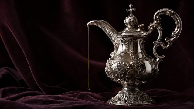 anointing. An ornate silver chrismatory with a thin golden stream, on dark velvet with dramatic lighting. event programs, museum guides, designed for cultural heritage projects and event programs.