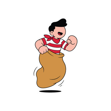Boy Jumping in a Sack Race. Balap karung.