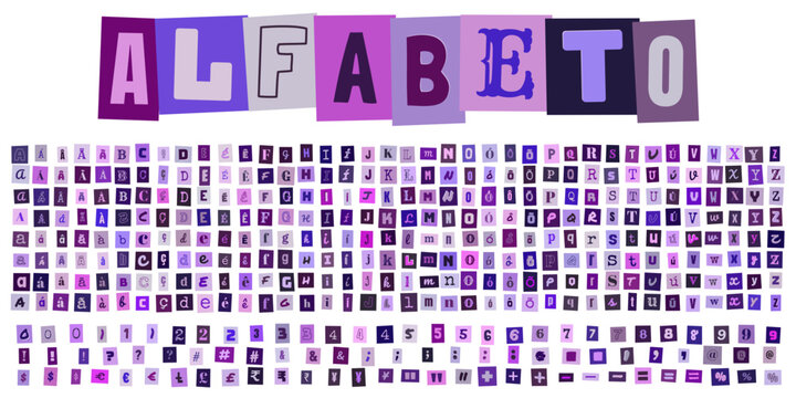 ALFABETO, conjunto de letras e numeros estilo recorte de revista, design tipografico criativo para colagens digitais e projetos de arte