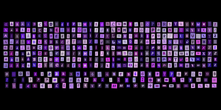 Alfabeto roxo estilo carta de resgate, letras e numeros recortados para design criativo, tipografia personalizada para colagens digitais