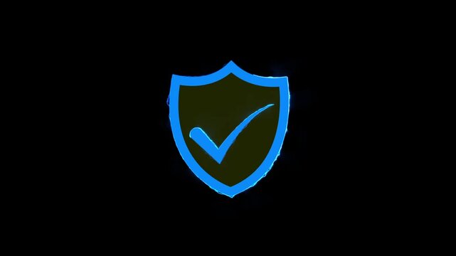 neon check mark icon animation on black background. Shield with check mark icon isolated