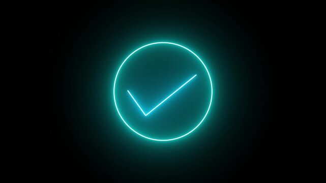 neon check mark icon animation on black background. Tick mark icon circle neon sign