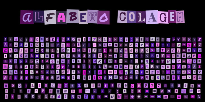 ALFABETO COLAGEM, conjunto de letras estilo carta de resgate, tipografia recortada de revista para design criativo, arte digital com estilo grunge e urbano