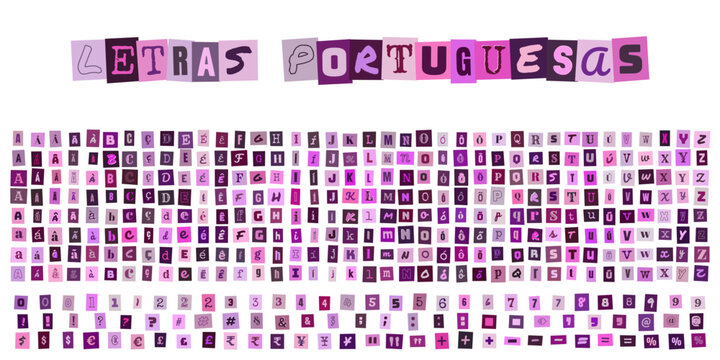 Letras Portuguesas, alfabeto estilo recorte de revista, conjunto de letras e numeros para design criativo, colagem tipografica