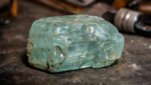 unpolished. Rough aquamarine crystal on jeweler's workbench, natural mineral specimen, shallow depth of field. STEM education sheets.