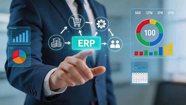 Enterprise resource planning ERP software system dashboard, business analytics data visualization, management icons for finance logistics human resources, digital transformation