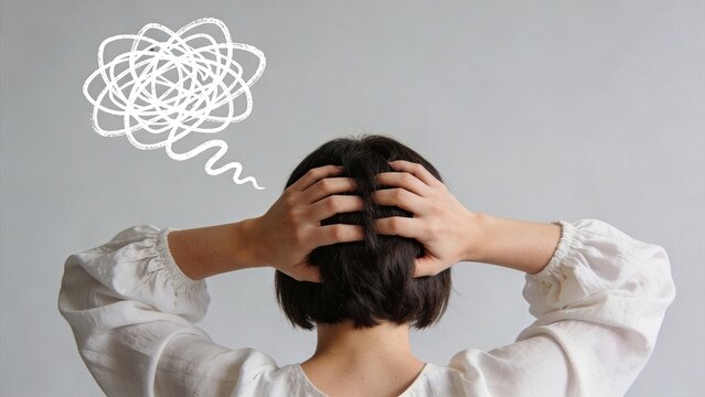 Rear view of confused woman holding head with hands, tangled scribble thought bubble above, representing stress, anxiety, mental health issues, confusion, difficult decision