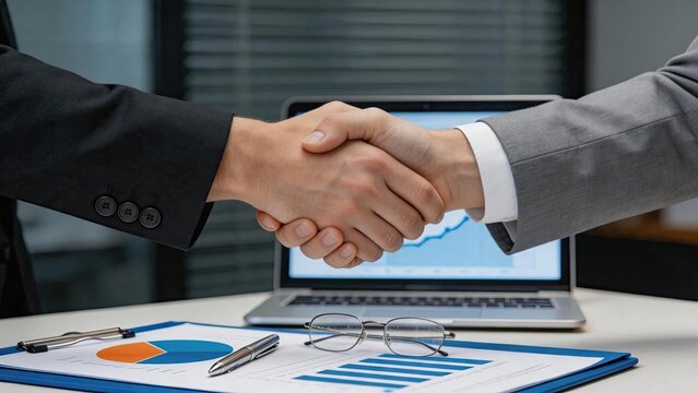 Business partners shaking hands sealing a successful corporate deal, professional agreement and partnership concept with financial charts on laptop screen in modern office