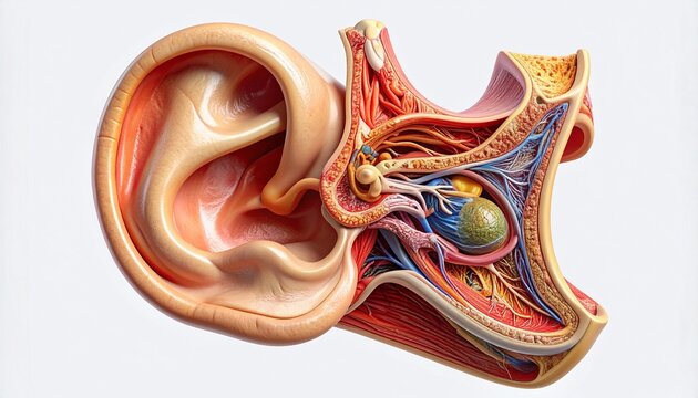 Detailed anatomical cross-section of the human ear showing outer, middle, and inner ear structures with nerves and bones.