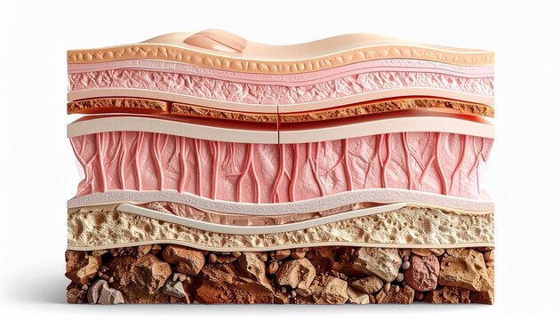 Detailed cross-section model illustrating multiple layers of human skin and subcutaneous tissue with varying textures and colors.