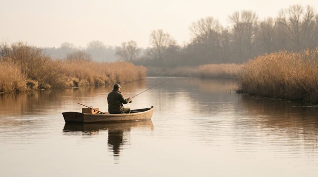Mature man fishing alone in a wooden rowboat on a calm river at sunrise, representing solitude, patience, and outdoor recreation in a peaceful nature setting
