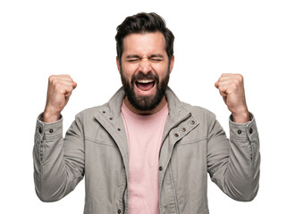 Naklejka premium Excited Bearded Man Shouting with Raised Fists Isolated on Black Background Celebrating Victory and Success in Business or Sports Achievement
