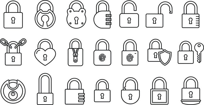 Security padlock and safety lock types linear icon set line art vector illustration isolated on white background