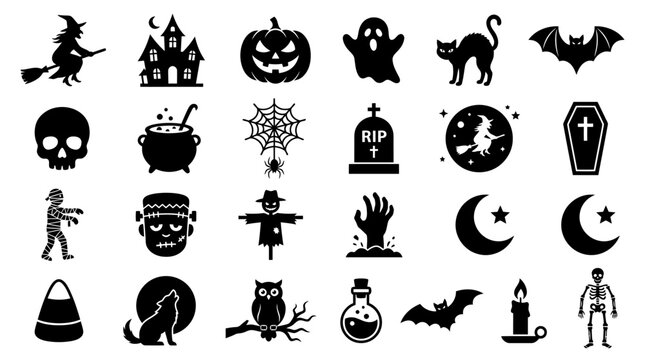 Collection of black silhouette Halloween icons including skull, ghost, pumpkin, witch, and bat on white background