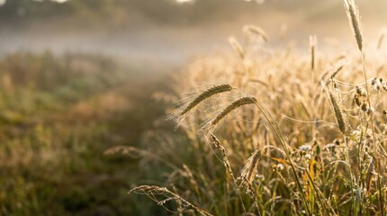 Fototapeta premium Golden Wheat Field at Sunrise with Morning Dew and Spiderwebs, Rural Agricultural Landscape Background for Harvest Season and Organic Farming Concepts