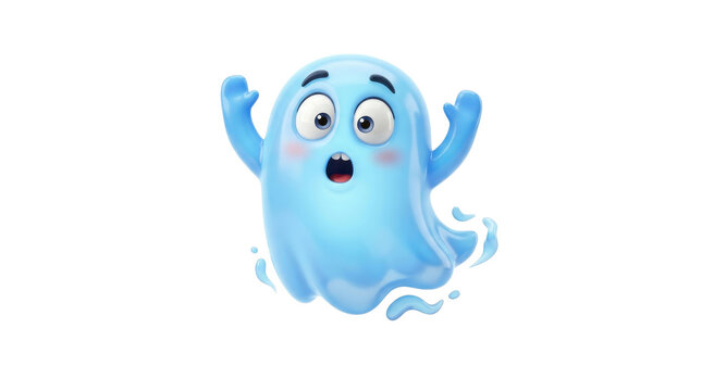 A surprised blue ghost cartoon character with raised arms on a white background