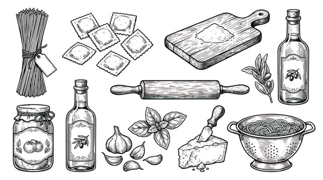 Vintage Italian pasta cooking set, hand drawn sketch of kitchen tools and ingredients, rustic woodcut style vector icons for restaurant menu design