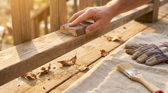 Caucasian man sanding wooden deck railing outdoors for home improvement project, DIY deck maintenance and restoration work, preparing wood surface for staining or painting