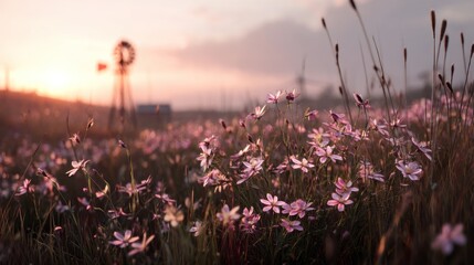 Naklejka premium Pink wildflowers sunset field