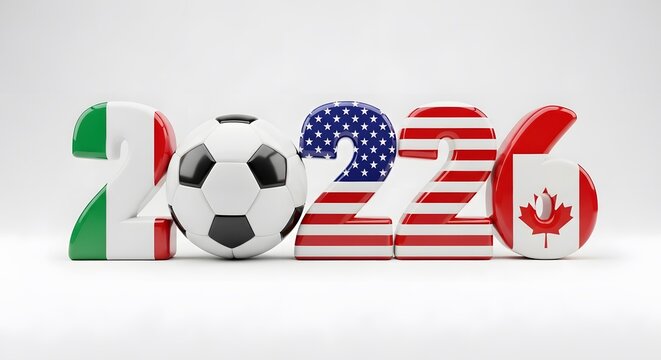 The year 2026 rendered as 3d numbers featuring the flags of italy, the united states, and canada, with a soccer ball placed on a plain white background