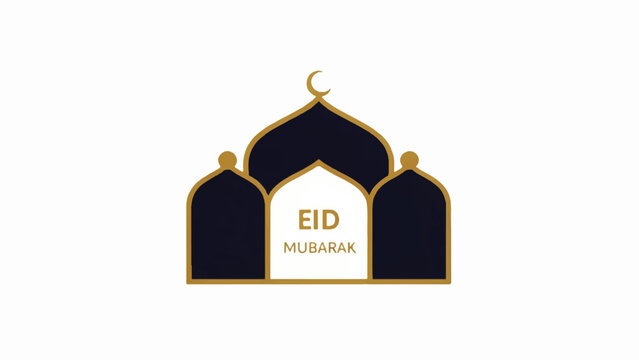 A minimalist vector illustration shows an Eid Mubarak greeting card design with mosque architecture and gold accents.