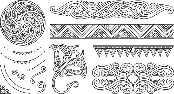 Maori polynesian tribal tattoo ornaments and borders set line art vector illustration isolated on white background coloring page