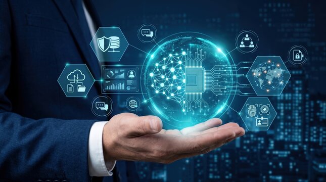 Hand holding holographic digital brain with circuit board pattern surrounded by icons representing artificial intelligence, cloud computing, cybersecurity