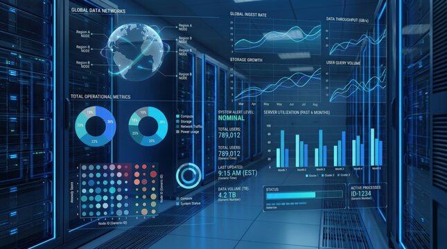 Futuristic server room with global data networks overlay, big data analytics dashboard showing operational metrics, storage growth charts