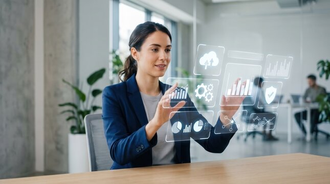 Professional businesswoman interacting with futuristic holographic interface displaying charts and graphs, symbolizing modern corporate data analysis and management.