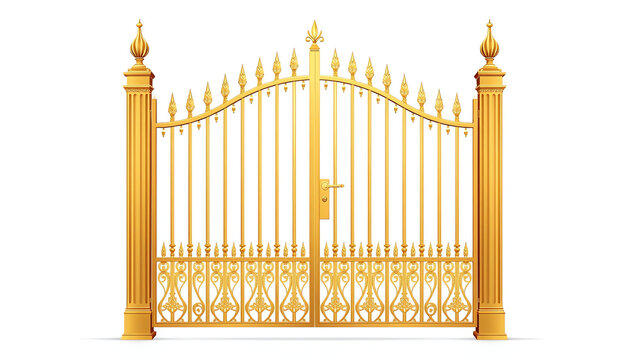 isolated open golden gate fence on white