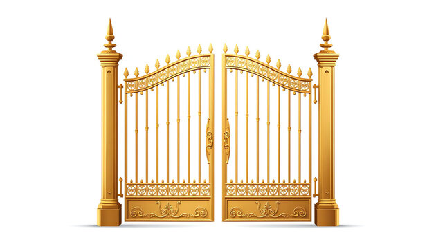 isolated open golden gate fence on white