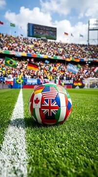 Soccer Ball with National Flags on Green Grass Field in Stadium with Crowd