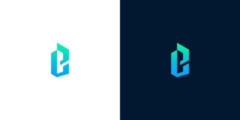 Abstract geometric logo featuring a stylized letter 'B' in gradient blue and green hues on white and dark backgrounds © Eunois