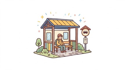 Obraz premium Cartoon character sitting on a bench at a bus stop shelter