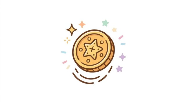 Cartoon gold coin illustration with star symbol and sparkles