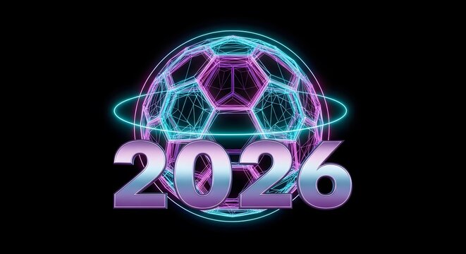 A glowing wireframe soccer ball with neon blue and pink lines and a circular ring orbiting it, positioned above the metallic purple text 2026 on black