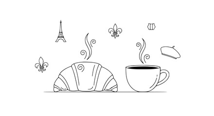 French Breakfast Line Art: Croissant, Coffee Cup, Eiffel Tower, Fleur de Lis, Beret © Janganan