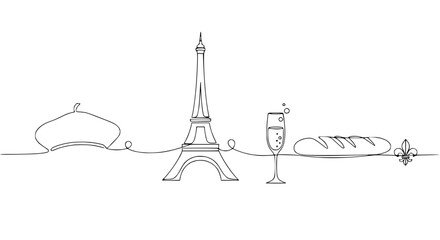 Parisian Icons: Eiffel Tower, Beret, Baguette, Champagne, Fleur-de-lis - Continuous Line Art © Janganan