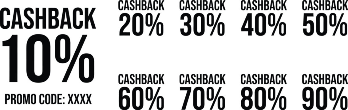 Cashback promo code discounts in black text on white background