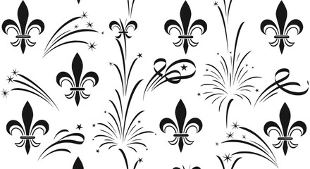 Fleur de lis and fireworks pattern, black and white, vector graphic, seamless background © Janganan