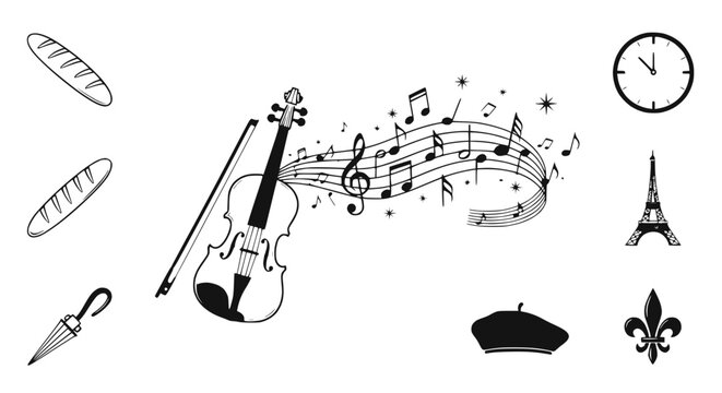 Parisian Icons: Violin, Music Notes, Eiffel Tower, Baguette, Beret, Clock, Umbrella
