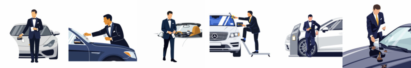 Naklejka premium Flat vector illustrations of a man in a formal suit interacting with luxury cars, representing high-end automotive sales, valet, or premium services.