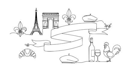 Parisian Icons: Eiffel Tower, Arc de Triomphe, Berets, Croissant, Rooster, Wine © Janganan
