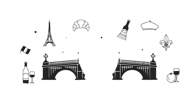 Parisian Icons: Eiffel Tower, Bridge, Wine, Croissant, Beret, French Flag