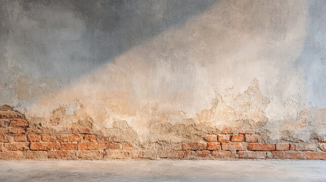 Old wall with peeling plaster revealing red bricks and light shadows for industrial, vintage and nostalgic background design
