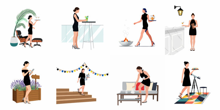 Set of flat illustrations showing a professional hostess and waitress in a black dress working in various upscale lounge and event settings.