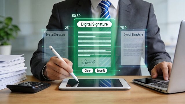 Professional signing digital document with stylus on tablet, electronic signature verification process, secure online contract authentication and paperless office workflow