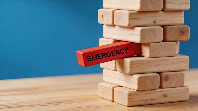 Red wooden block labeled emergency protruding from unstable stack of building blocks symbolizing crisis warning, structural instability, safety hazard and urgent need for